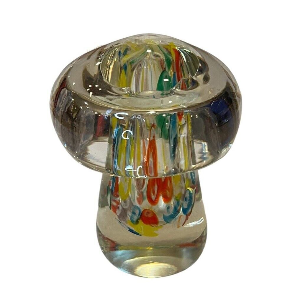 Hand Blown Art Glass Paperweight Mushroom Sculpture Vandor? 4” Millefiore
